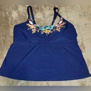 Time & Tru Women's Tankini Swim Top Blue Floral Embroidered